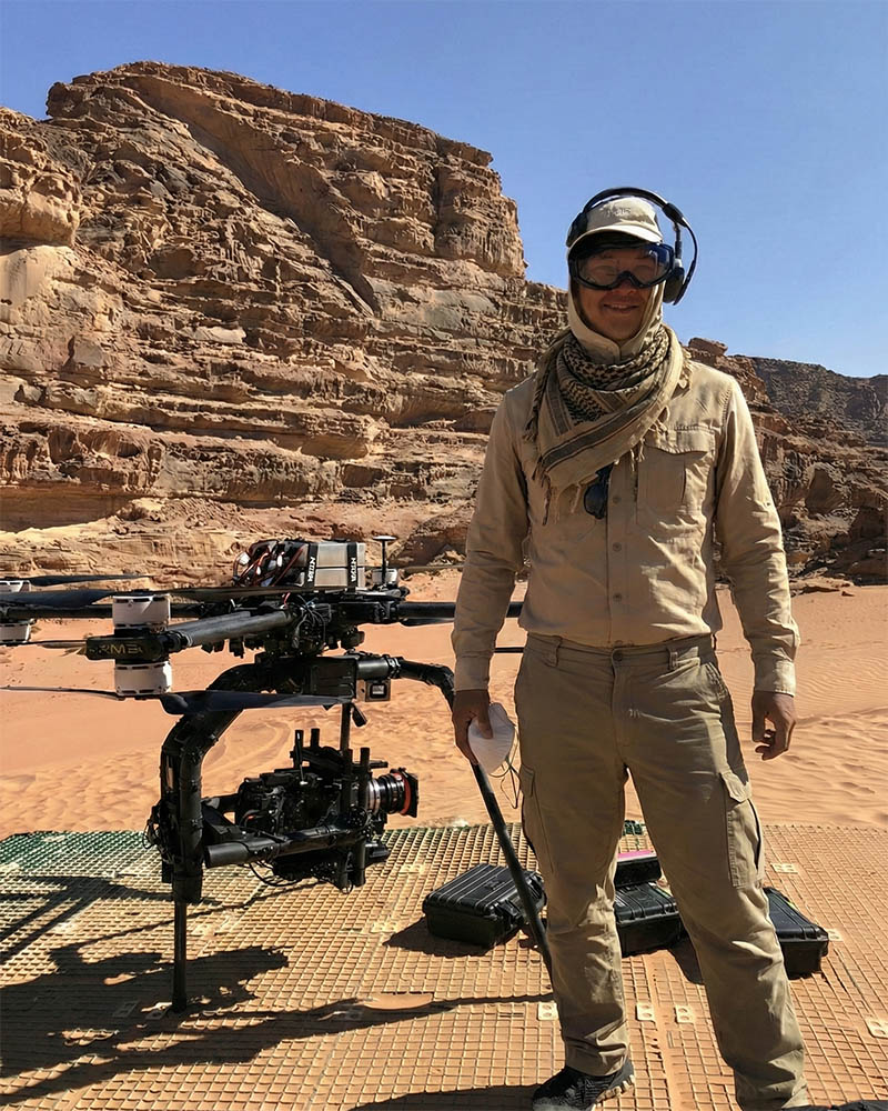 Aidan Kelly operating a cinema drone on a Hollywood film set in the desert